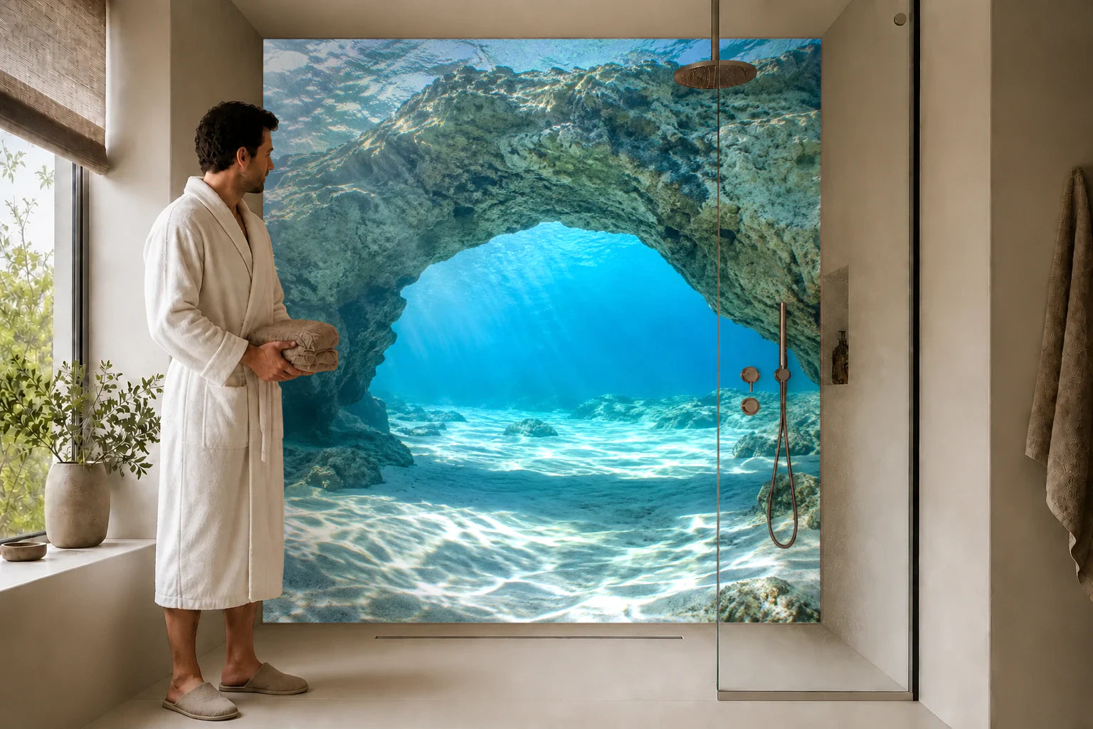 Duschrückwand „Lichtbogen unter Wasser“ in einer Dusche mit einem Mann im Bademantel