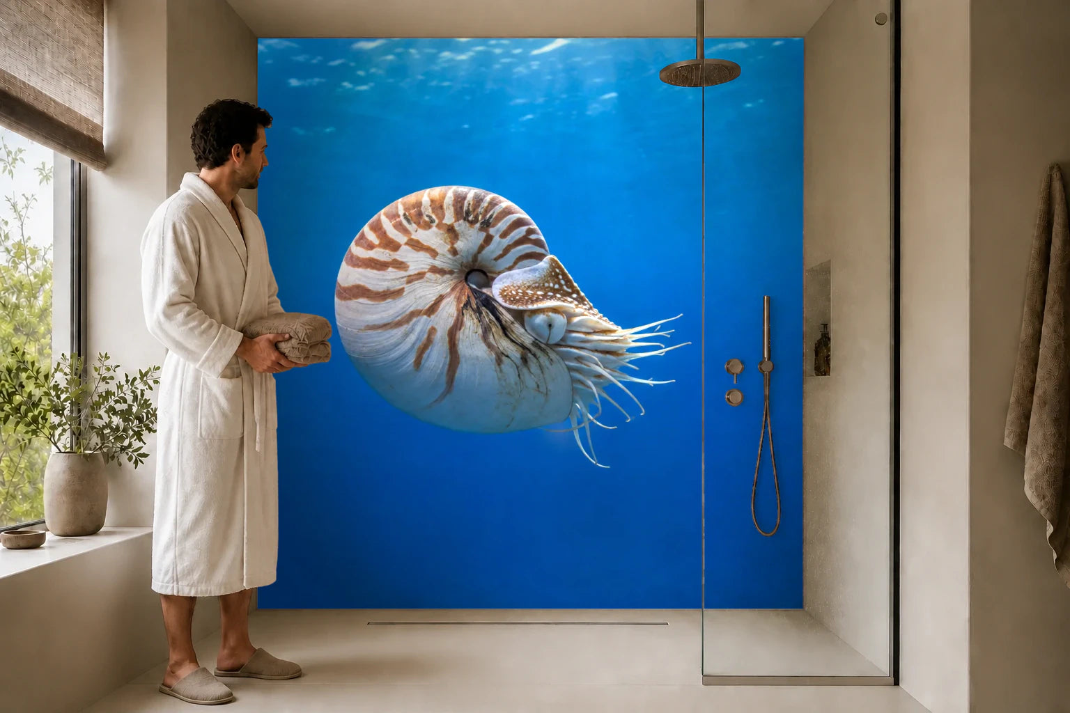 Duschrückwand „Nautilus in blauer Tiefe“ in einer Dusche mit einem Mann im Bademantel