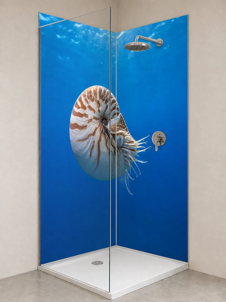 Duschrückwand „Nautilus in blauer Tiefe“ als installierte Rückwand in einer hellen Dusche