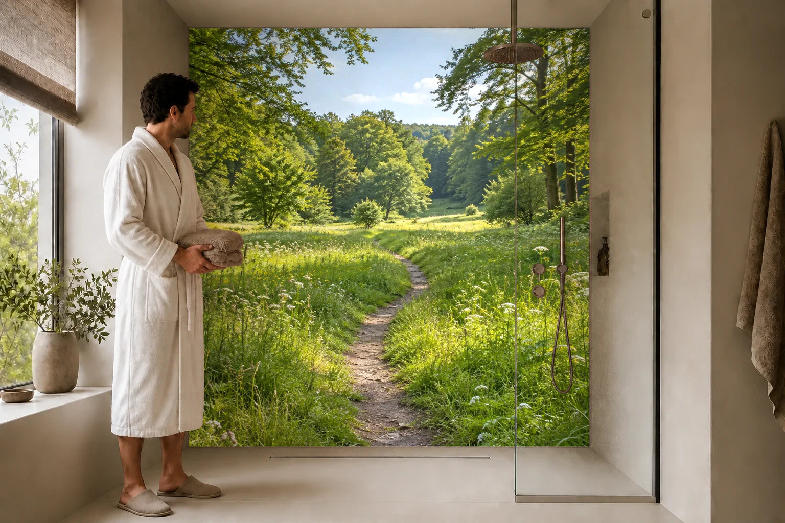 Duschrückwand „Wiesenlichtung am Buchenpfad“ in einer Dusche mit einem Mann im Bademantel