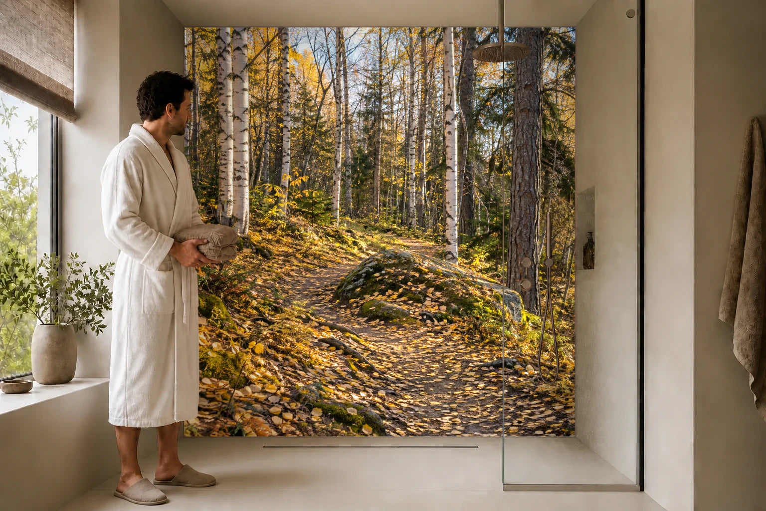 Duschrückwand „Herbstpfad zwischen Birken“ in einer Dusche mit einem Mann im Bademantel