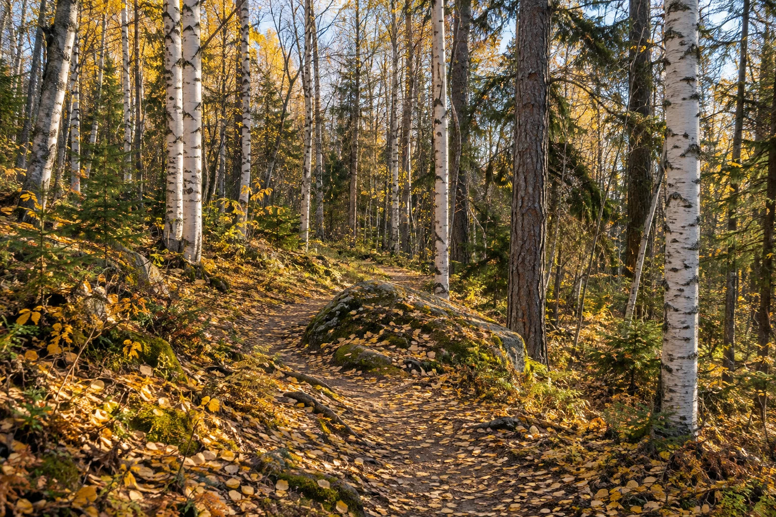Motivvorschau „Herbstpfad zwischen Birken“ für Duschrückwand