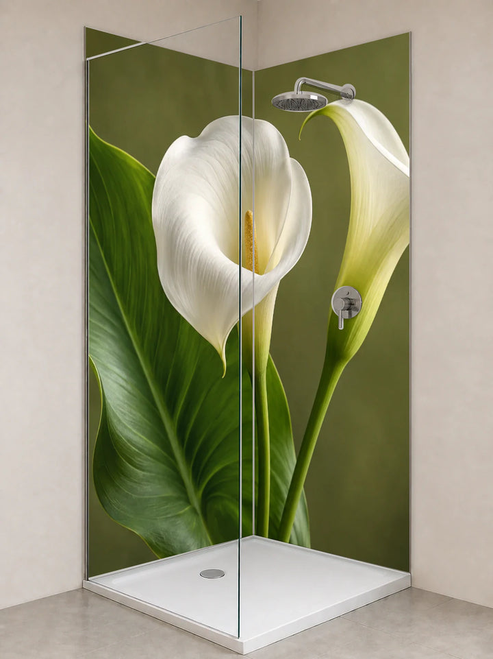 Duschrückwand „Weiße Calla mit Blattschatten“ als installierte Rückwand in einer hellen Dusche