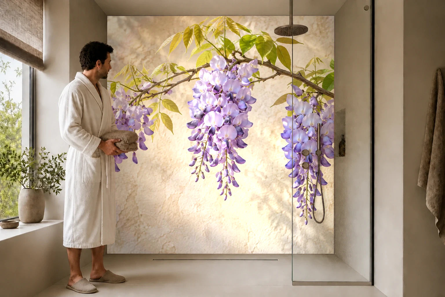 Duschrückwand „Blauregen am stillen Hof“ in einer Dusche mit einem Mann im Bademantel