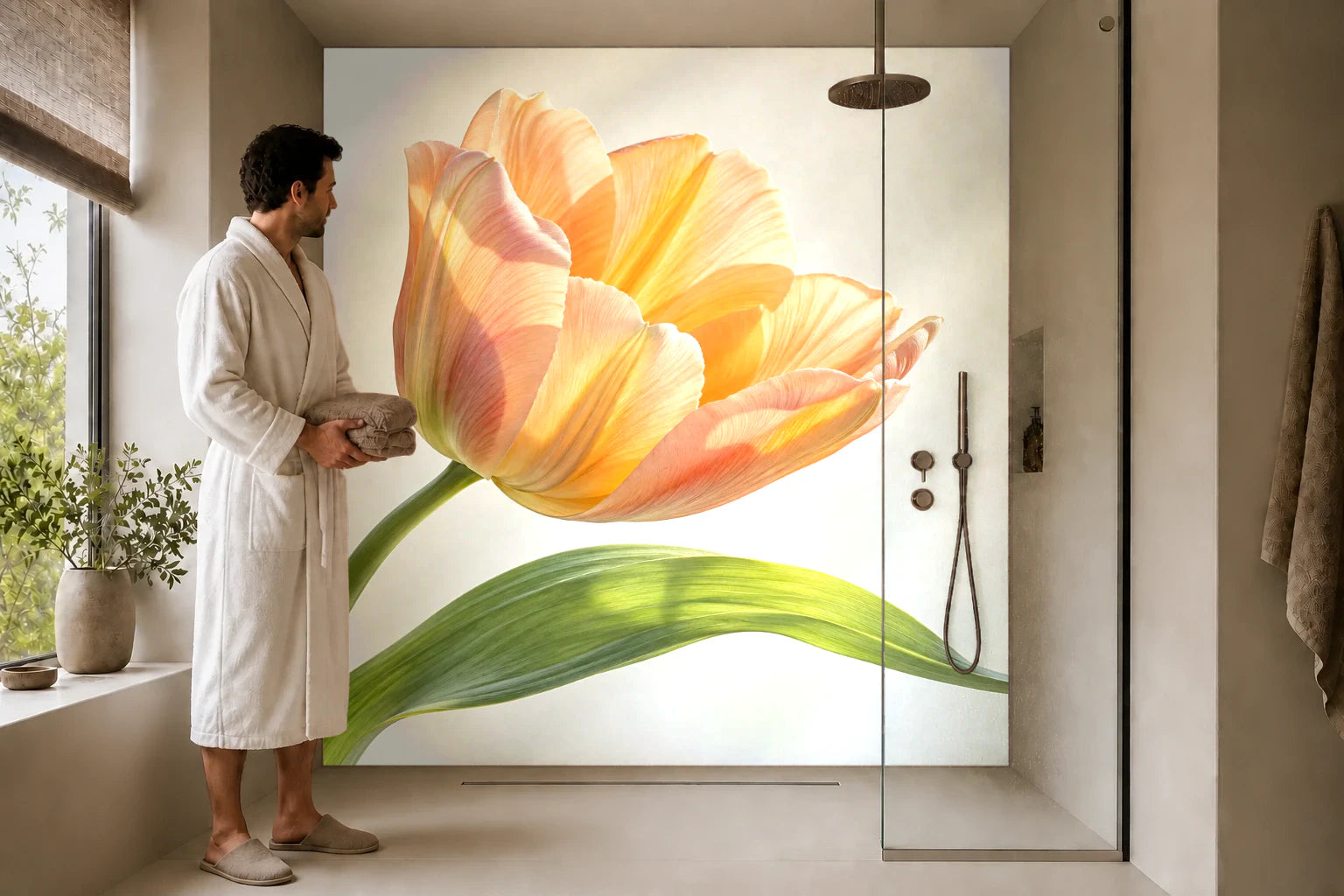 Duschrückwand „Tulpe mit durchscheinenden Blütenblättern“ in einer Dusche mit einem Mann im Bademantel