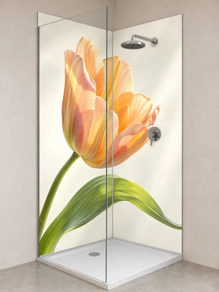 Duschrückwand „Tulpe mit durchscheinenden Blütenblättern“ als installierte Rückwand in einer hellen Dusche
