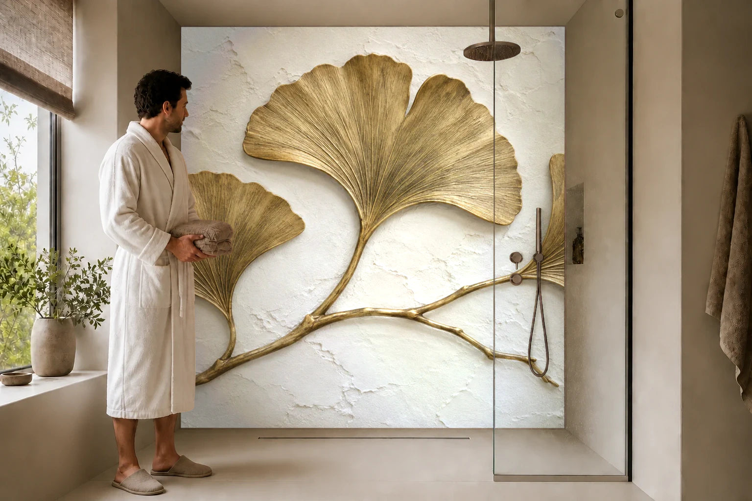 Duschrückwand „Ginkgo als goldenes Relief“ in einer Dusche mit einem Mann im Bademantel