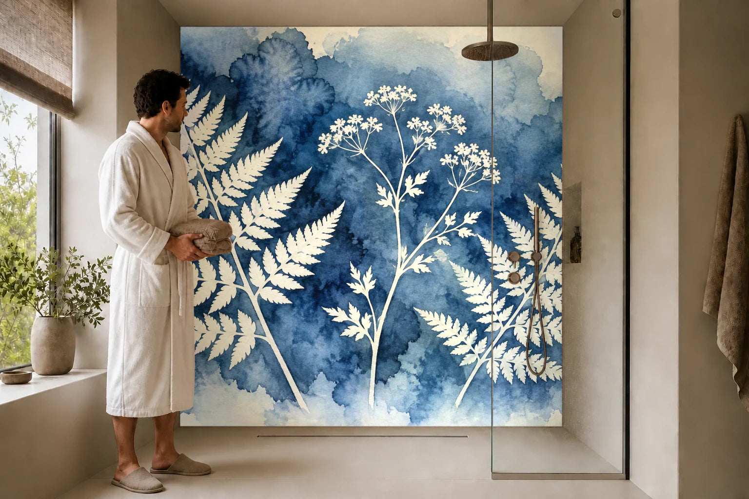 Duschrückwand „Farnsilhouetten in Aquarell“ in einer Dusche mit einem Mann im Bademantel