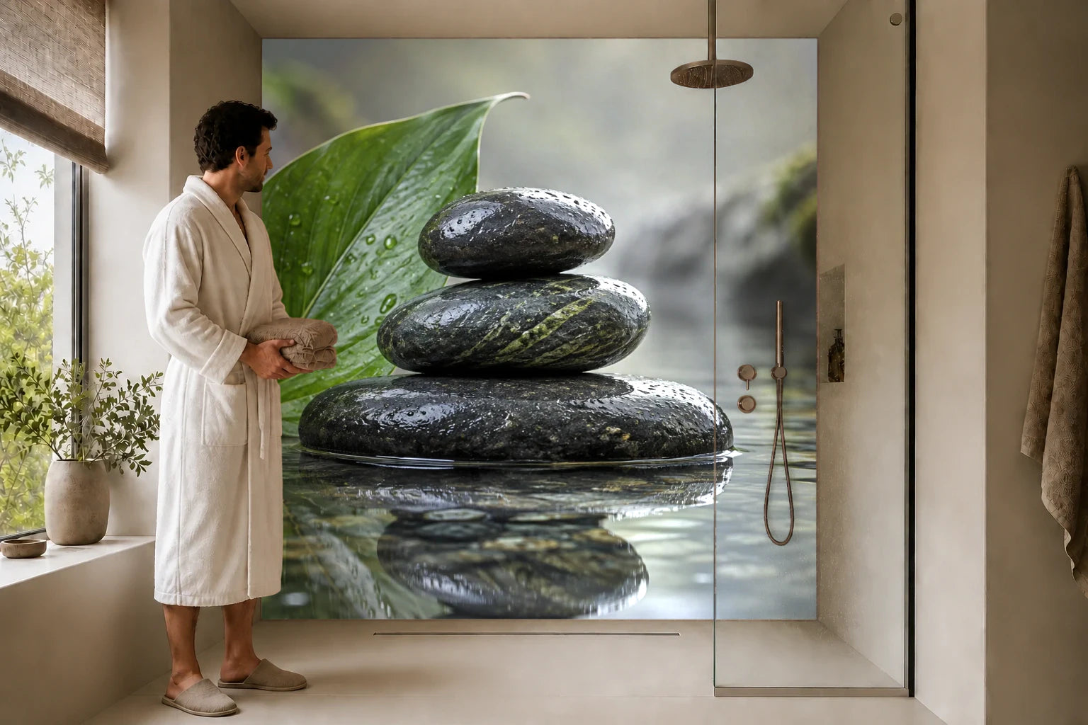 Duschrückwand „Basaltsteine im stillen Becken“ in einer Dusche mit einem Mann im Bademantel