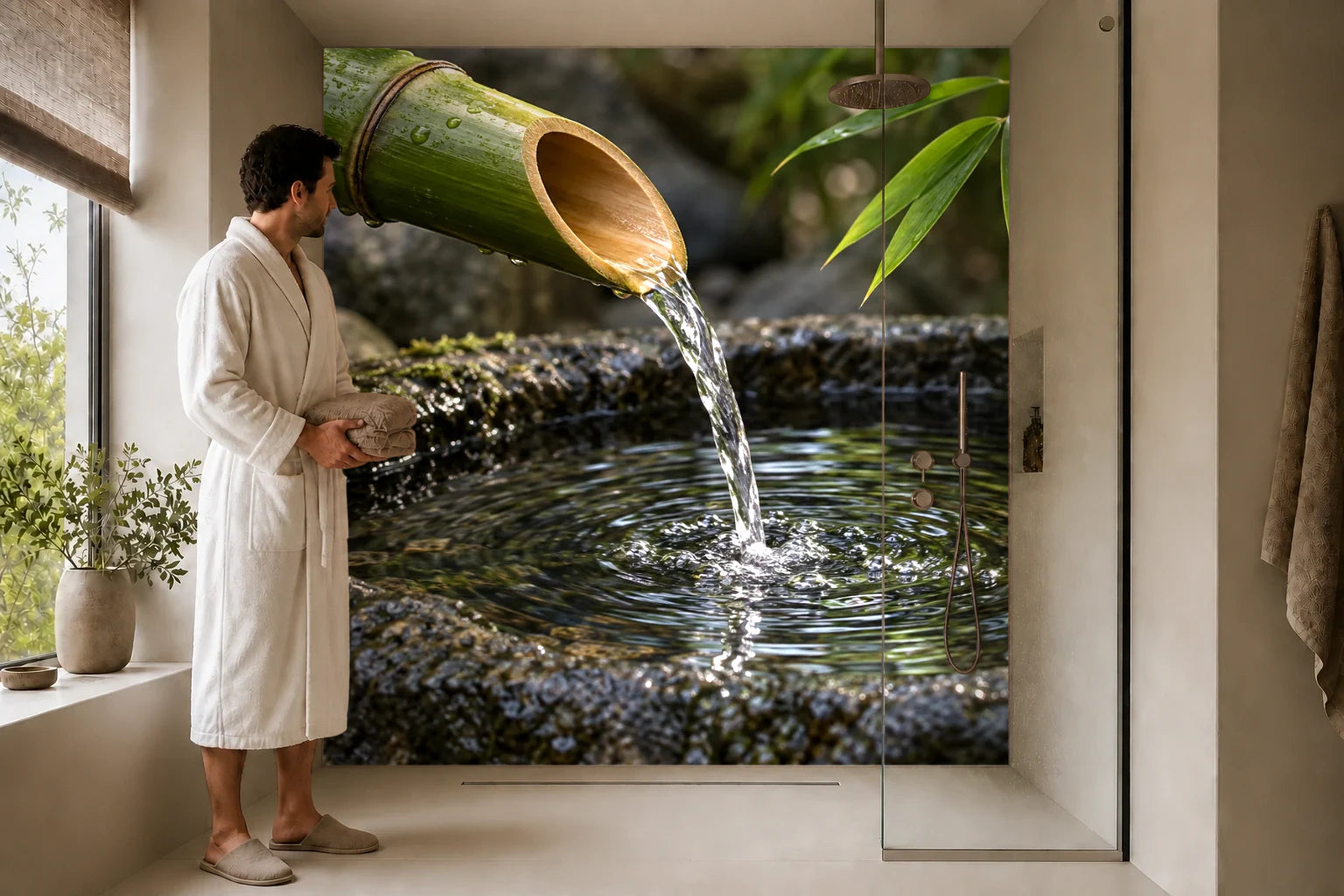 Duschrückwand „Bambusquelle über grauem Stein“ in einer Dusche mit einem Mann im Bademantel