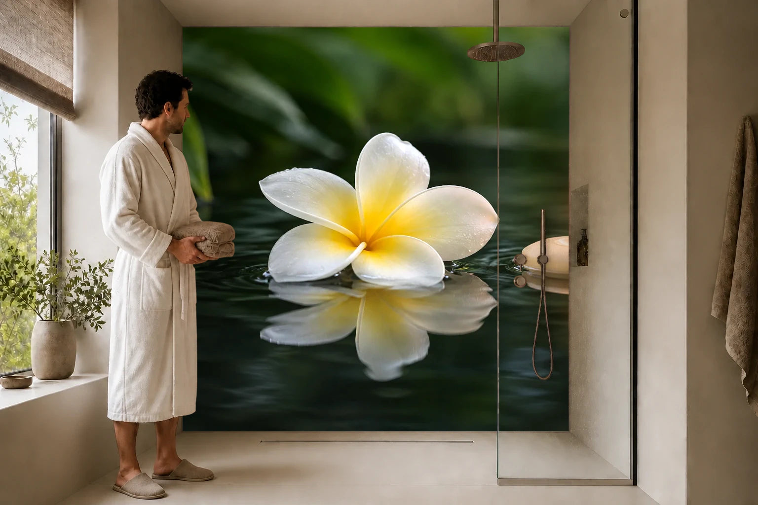 Duschrückwand „Frangipani und Kerzenlicht auf Wasser“ in einer Dusche mit einem Mann im Bademantel