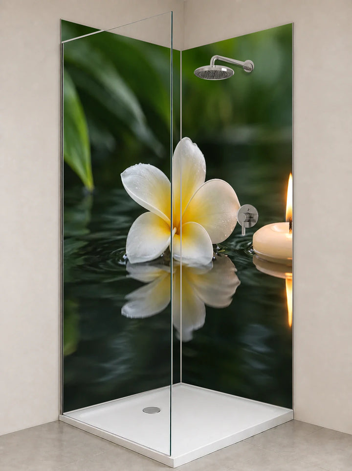Duschrückwand „Frangipani und Kerzenlicht auf Wasser“ als installierte Rückwand in einer hellen Dusche