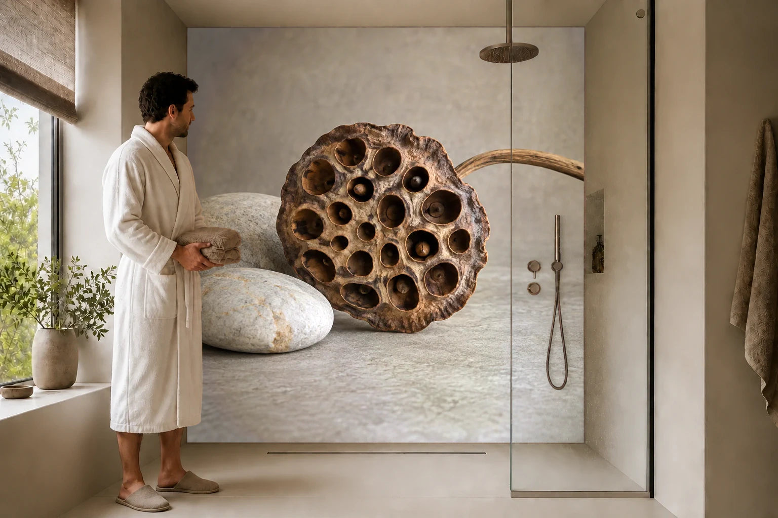 Duschrückwand „Lotuskapsel mit hellen Flusssteinen“ in einer Dusche mit einem Mann im Bademantel