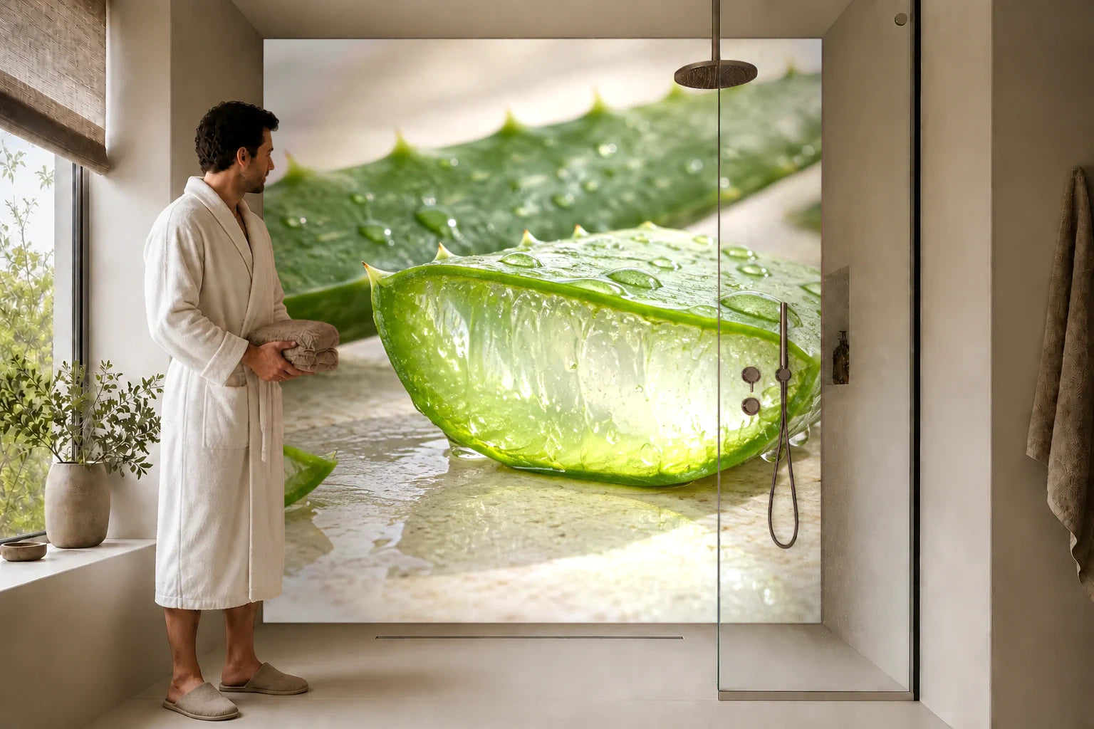 Duschrückwand „Aloe mit durchsichtigem Gel“ in einer Dusche mit einem Mann im Bademantel