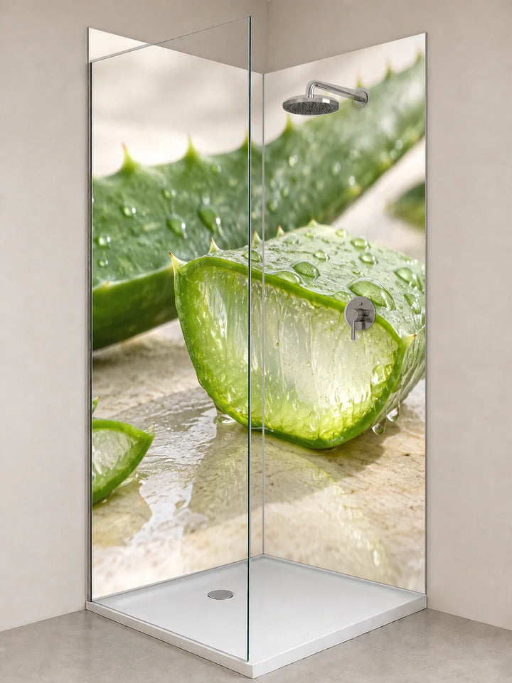 Duschrückwand „Aloe mit durchsichtigem Gel“ als installierte Rückwand in einer hellen Dusche