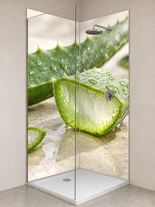 Duschrückwand „Aloe mit durchsichtigem Gel“ als installierte Rückwand in einer hellen Dusche