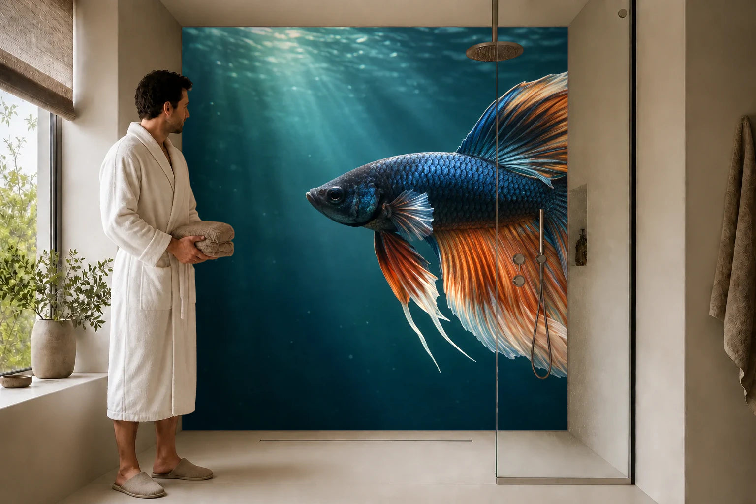 Duschrückwand „Kampffisch mit seidigen Flossen“ in einer Dusche mit einem Mann im Bademantel
