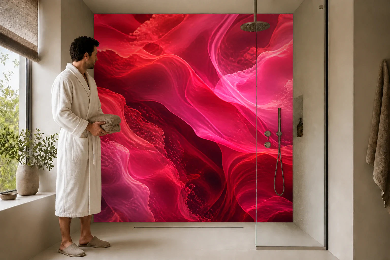 Duschrückwand „Karminrote Farbströmung“ in einer Dusche mit einem Mann im Bademantel
