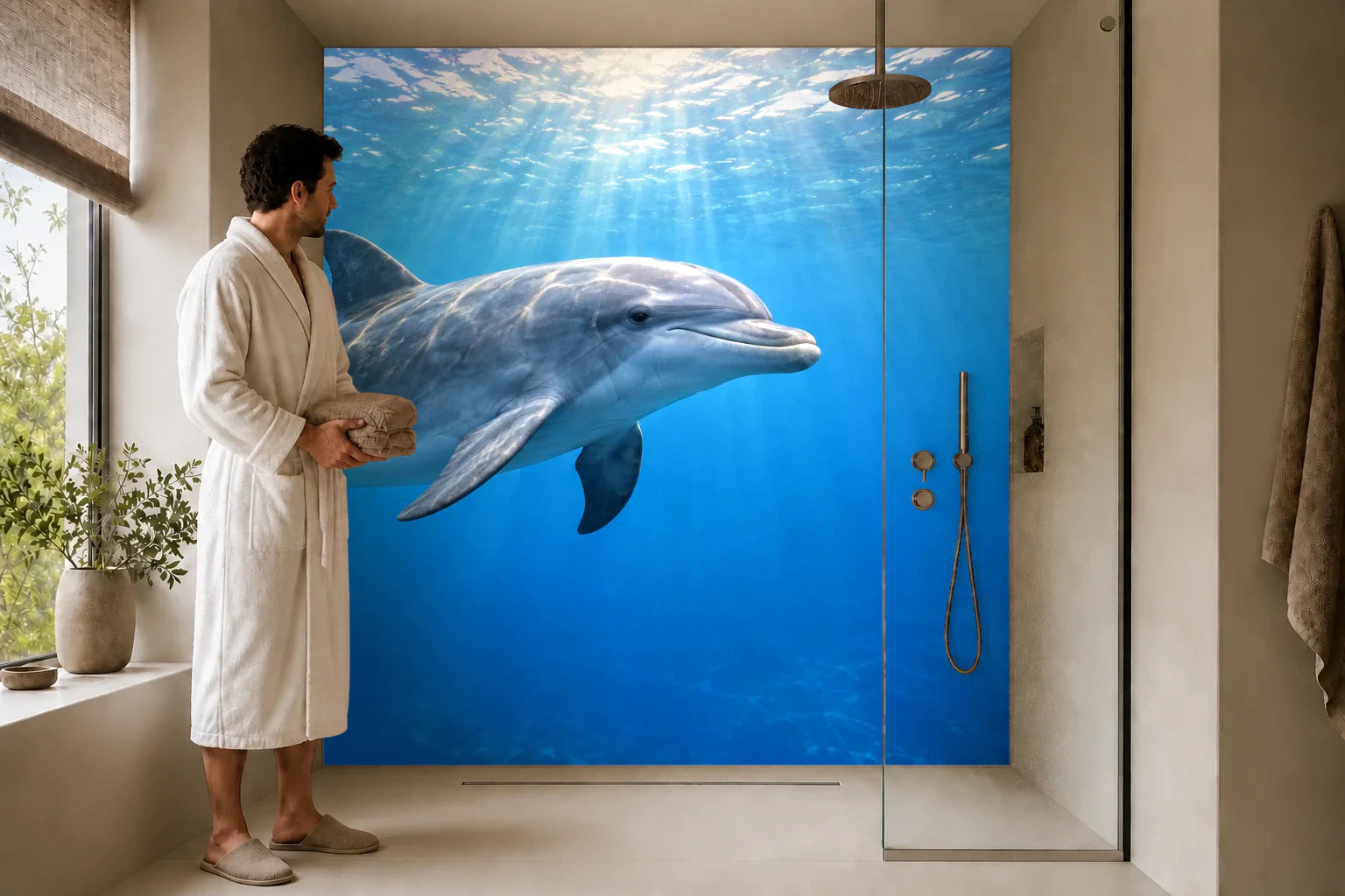 Duschrückwand „Delfine im Sonnenwasser“ in einer Dusche mit einem Mann im Bademantel