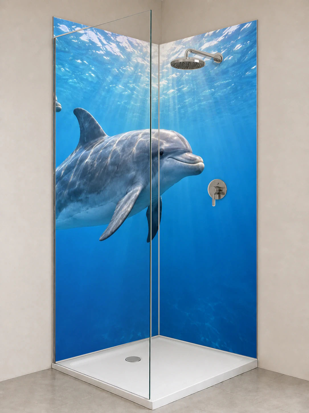 Duschrückwand „Delfine im Sonnenwasser“ als installierte Rückwand in einer hellen Dusche