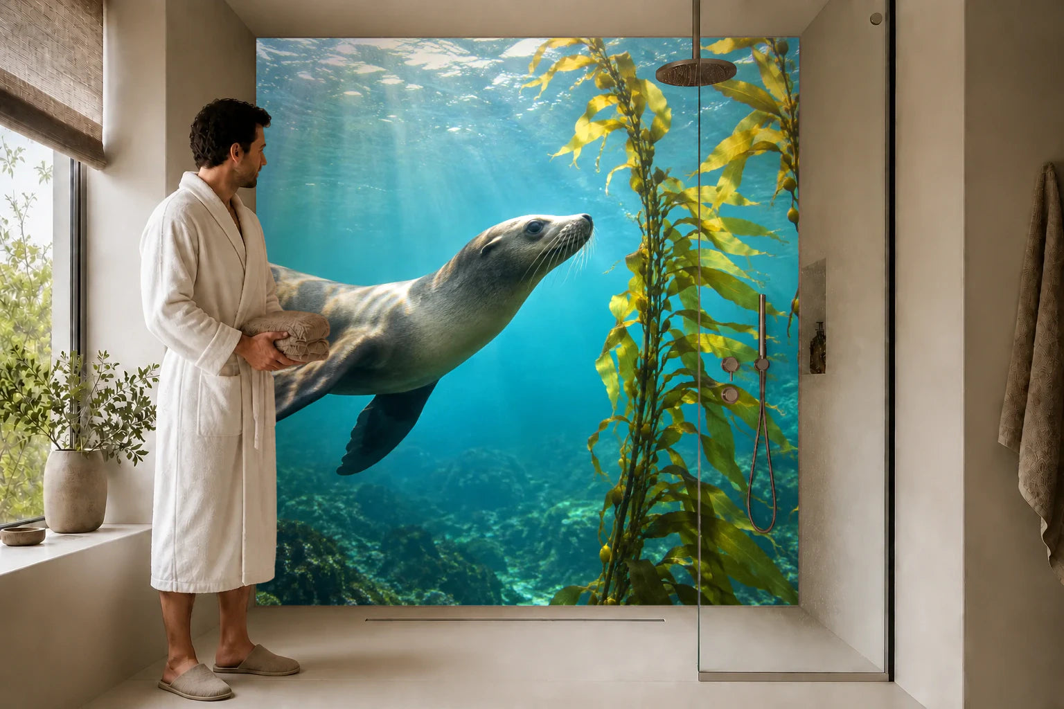 Duschrückwand „Seelöwe im Tangwald“ in einer Dusche mit einem Mann im Bademantel