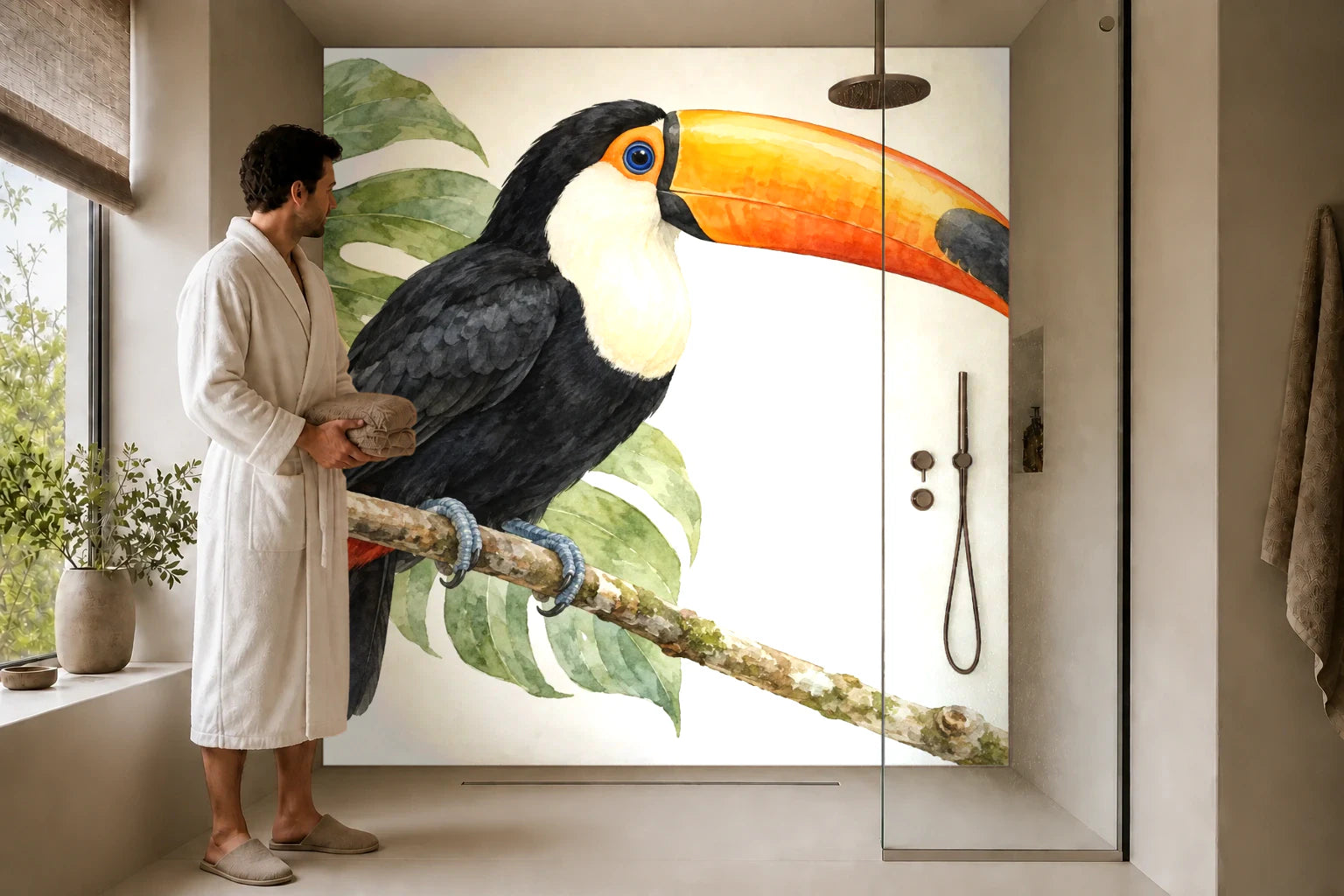 Duschrückwand „Tukan auf einem Zweig – Aquarell“ in einer Dusche mit einem Mann im Bademantel
