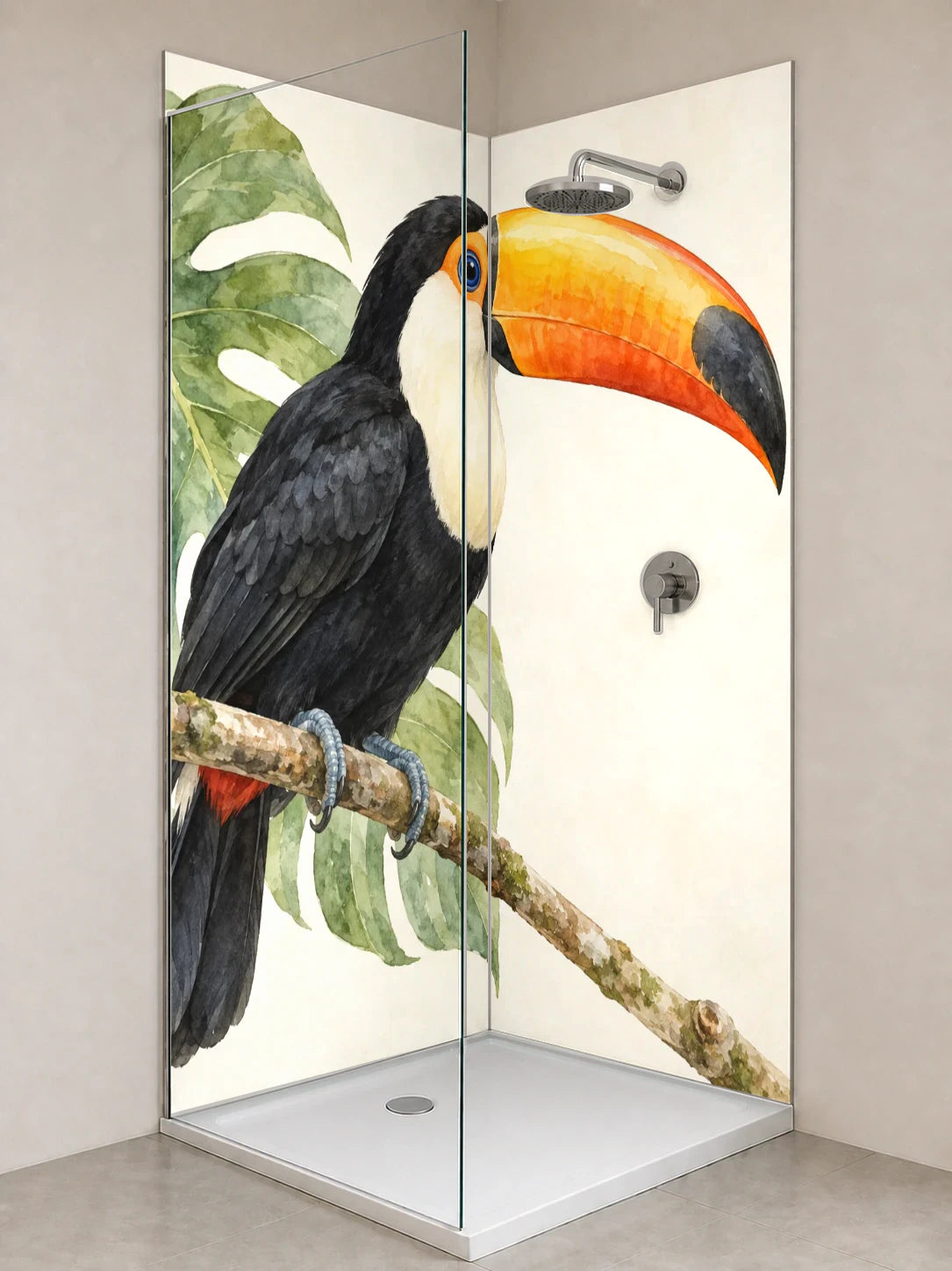 Duschrückwand „Tukan auf einem Zweig – Aquarell“ als installierte Rückwand in einer hellen Dusche