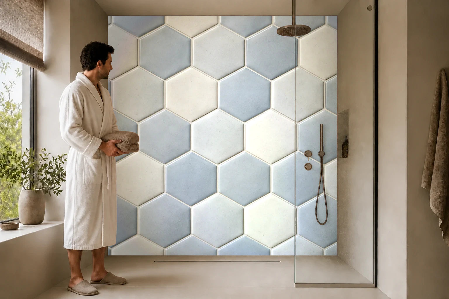 Duschrückwand „Sechseckkeramik mit sanftem Relief“ in einer Dusche mit einem Mann im Bademantel