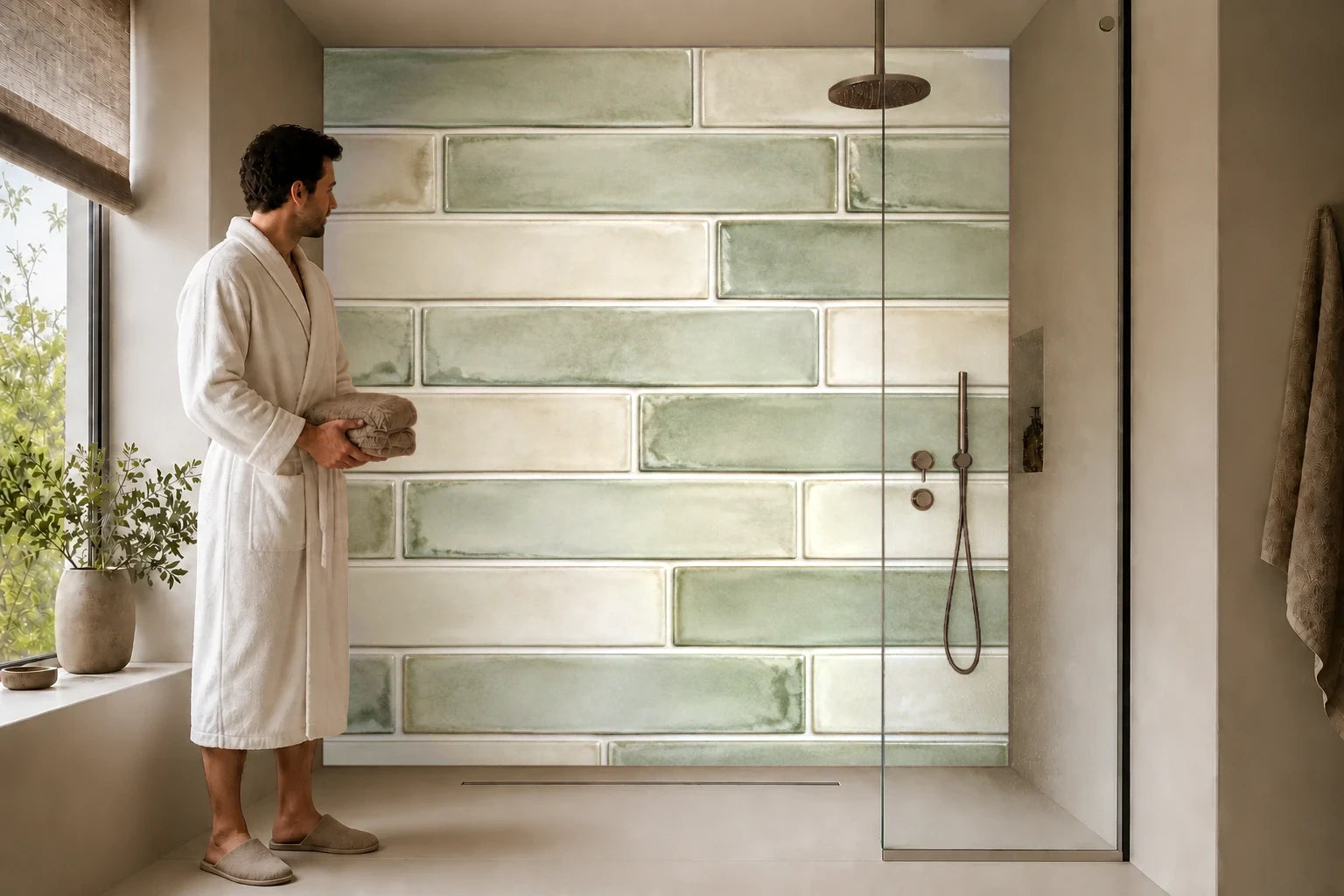 Duschrückwand „Lange Keramik im versetzten Verband“ in einer Dusche mit einem Mann im Bademantel