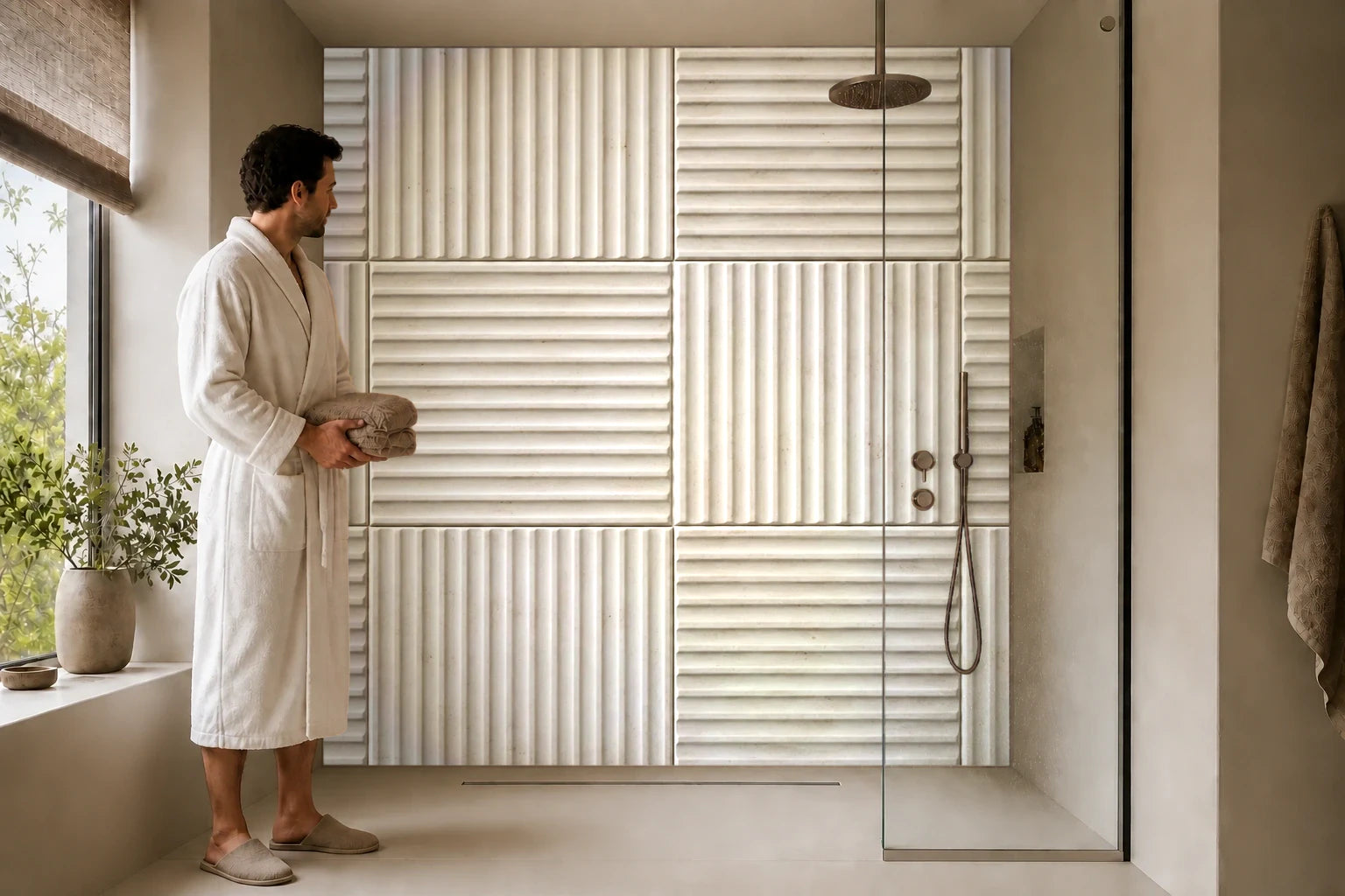 Duschrückwand „Rillenkeramik im wechselnden Verlauf“ in einer Dusche mit einem Mann im Bademantel