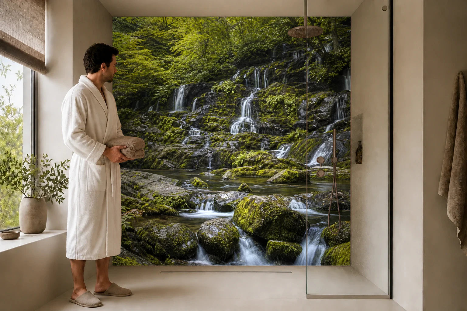 Duschrückwand „Moosfall im Waldschatten“ in einer Dusche mit einem Mann im Bademantel