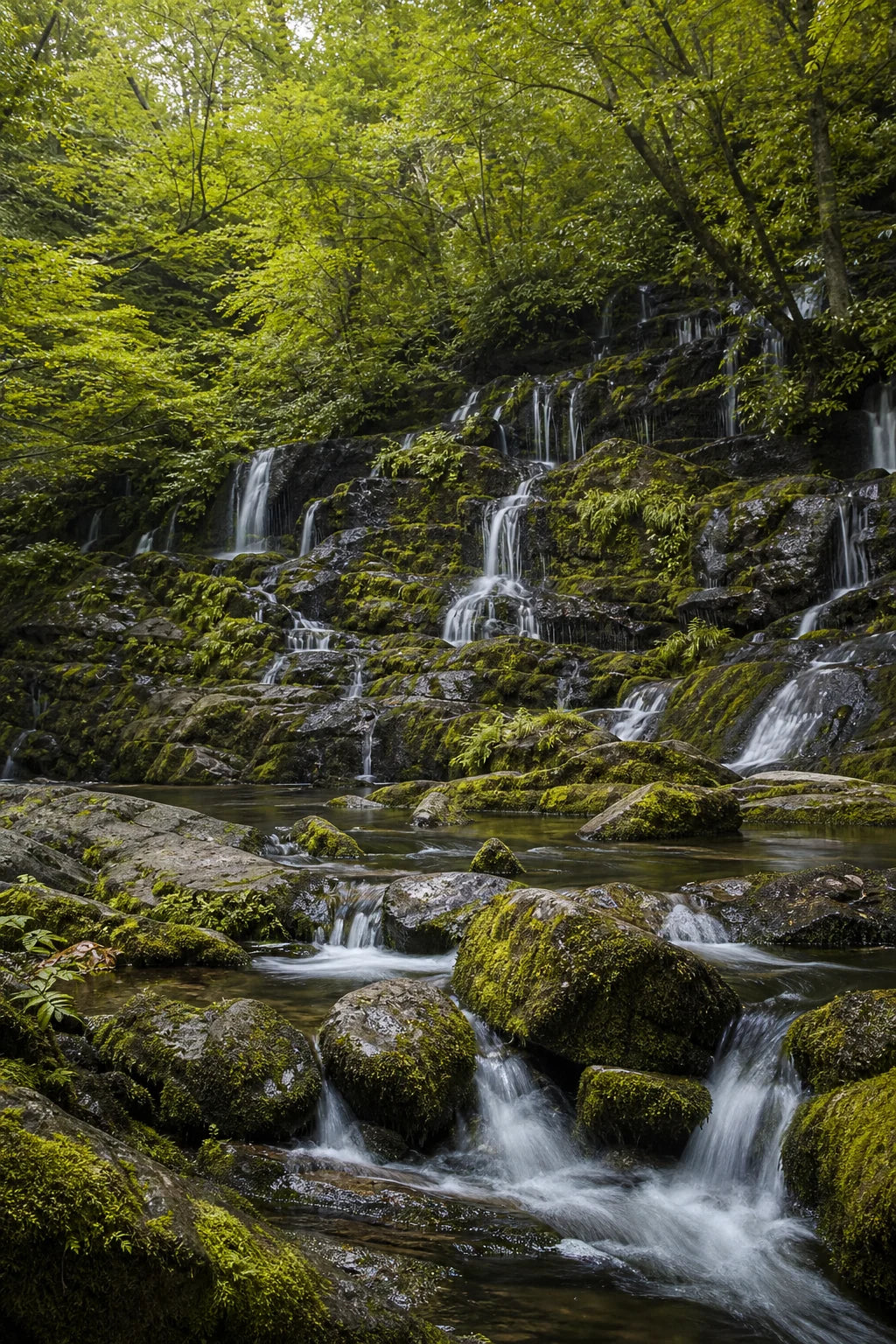 Motivvorschau „Moosfall im Waldschatten“ für Duschrückwand