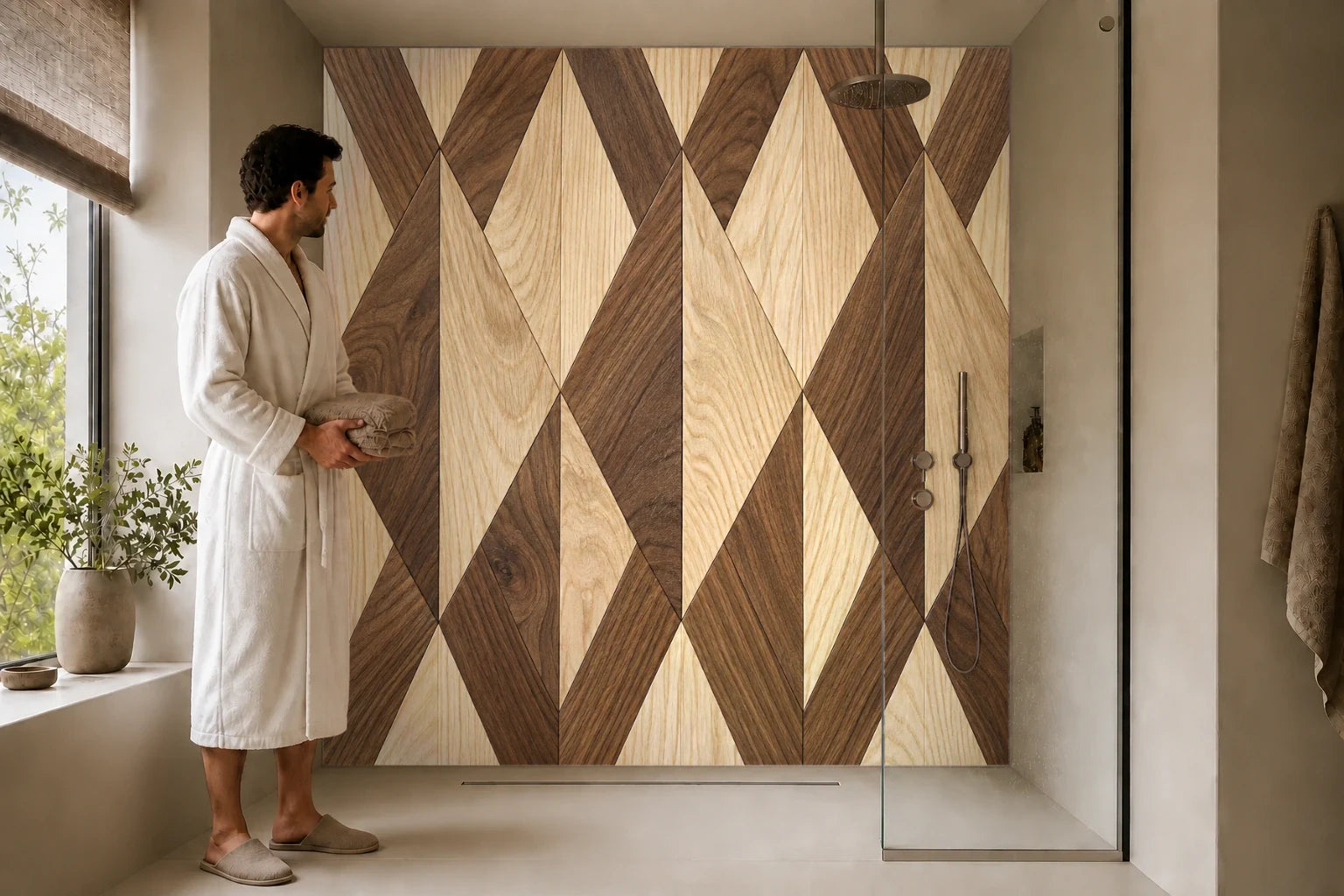 Duschrückwand „Holzintarsie aus versetzten Rauten“ in einer Dusche mit einem Mann im Bademantel