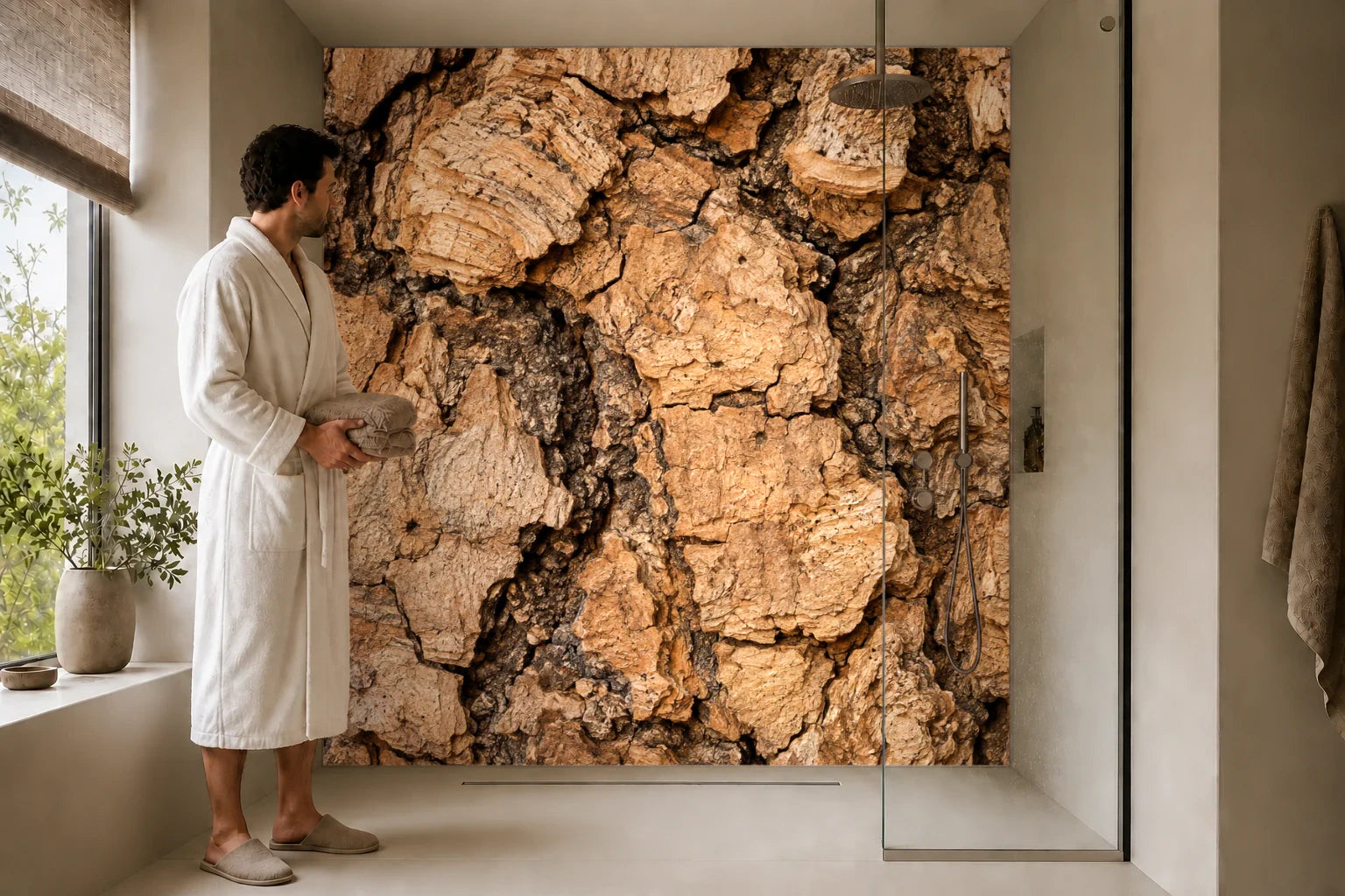 Duschrückwand „Korkrinde mit tiefen Falten“ in einer Dusche mit einem Mann im Bademantel