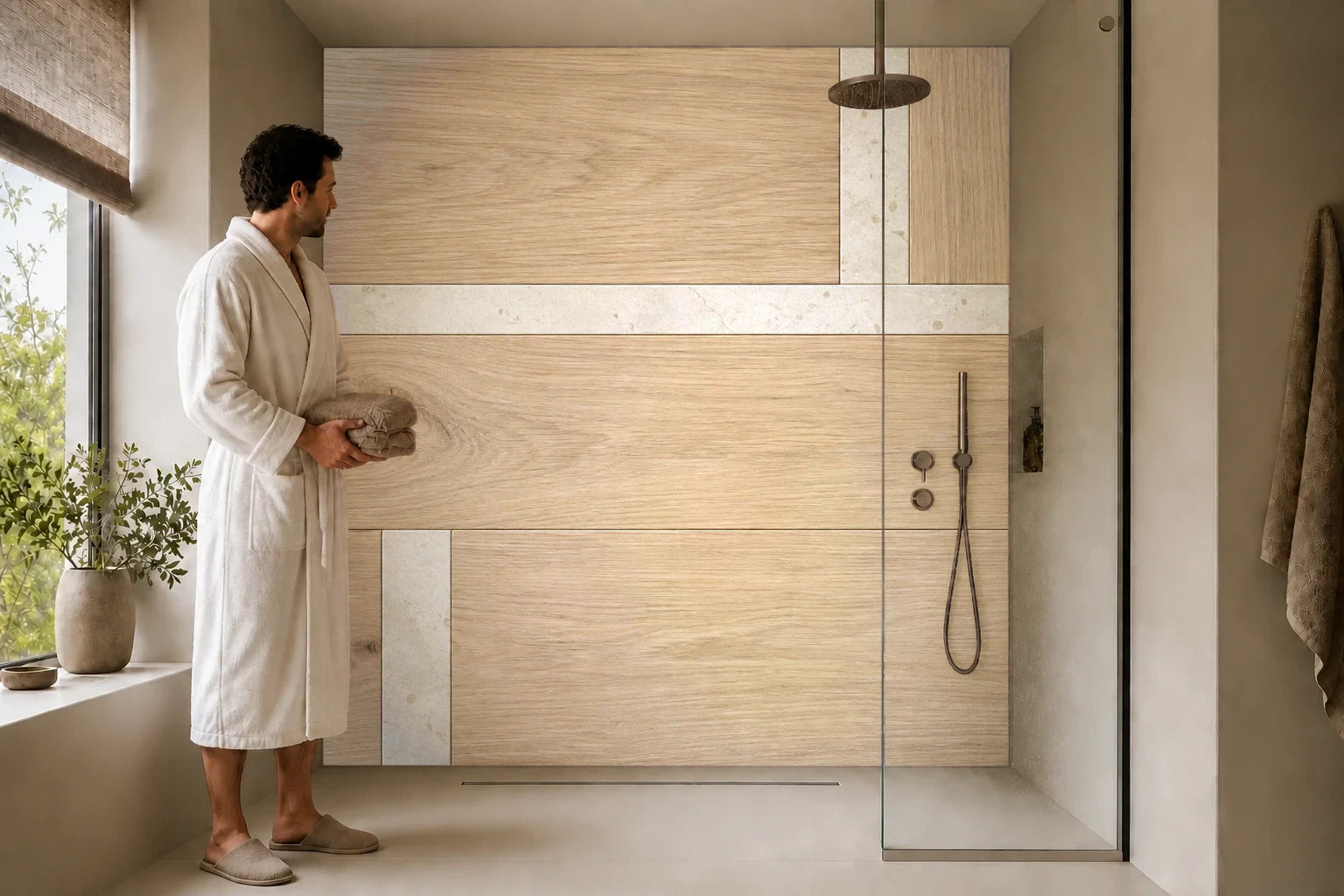 Duschrückwand „Eiche mit schmalen Kalksteineinlagen“ in einer Dusche mit einem Mann im Bademantel