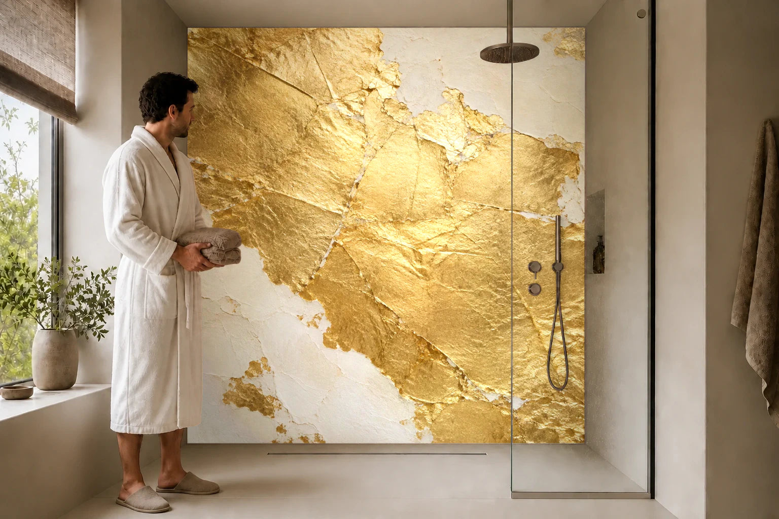 Duschrückwand „Blattgold mit offenem Kreidegrund“ in einer Dusche mit einem Mann im Bademantel