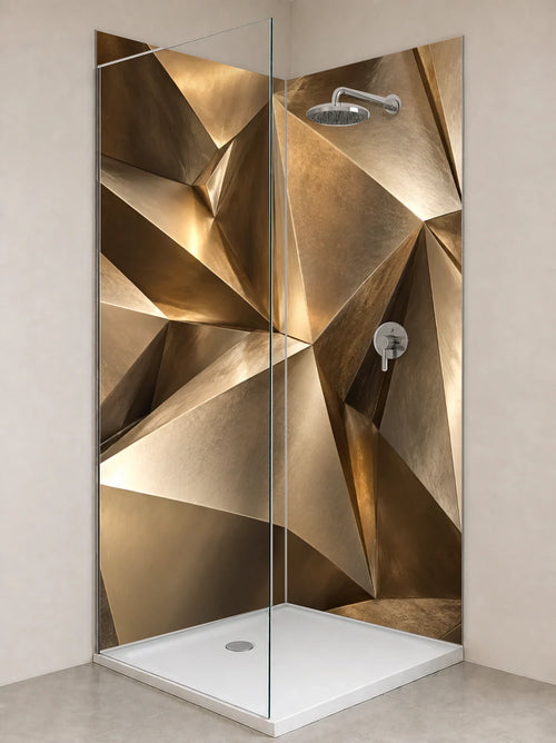 Duschrückwand „Bronzene Kristallflächen im Licht“ als installierte Rückwand in einer hellen Dusche