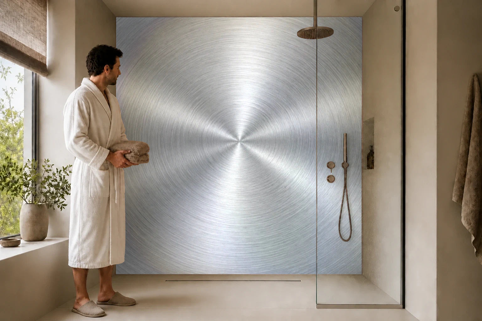Duschrückwand „Kreisschliff auf mattem Stahl“ in einer Dusche mit einem Mann im Bademantel