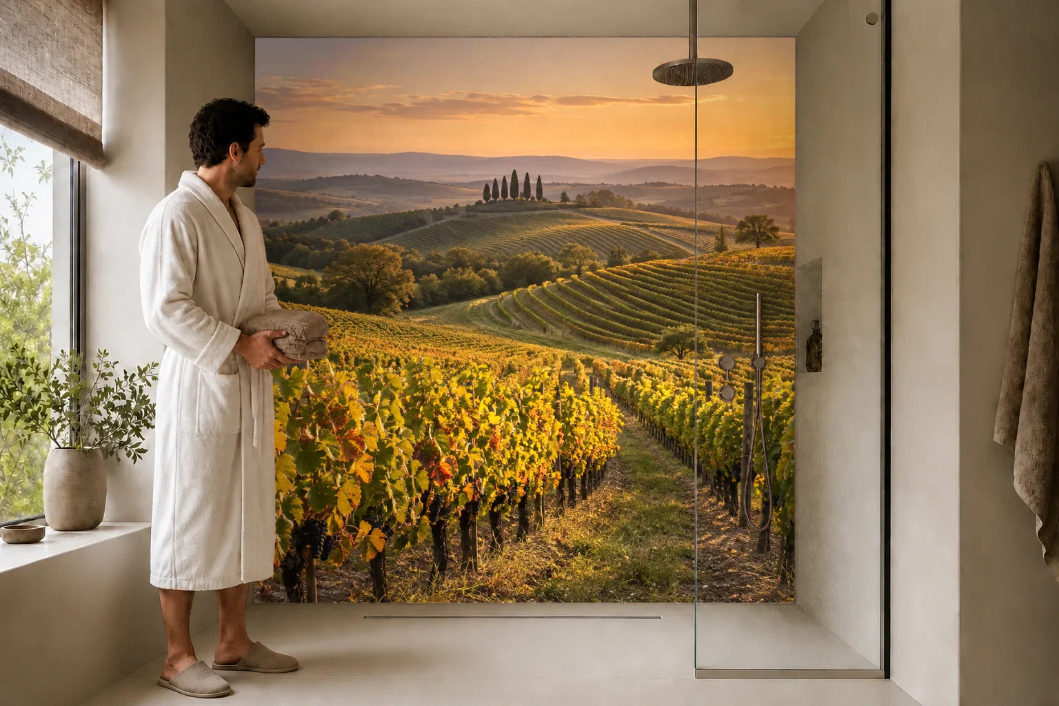 Duschrückwand „Weinberg mit weiter Abendsonne“ in einer Dusche mit einem Mann im Bademantel