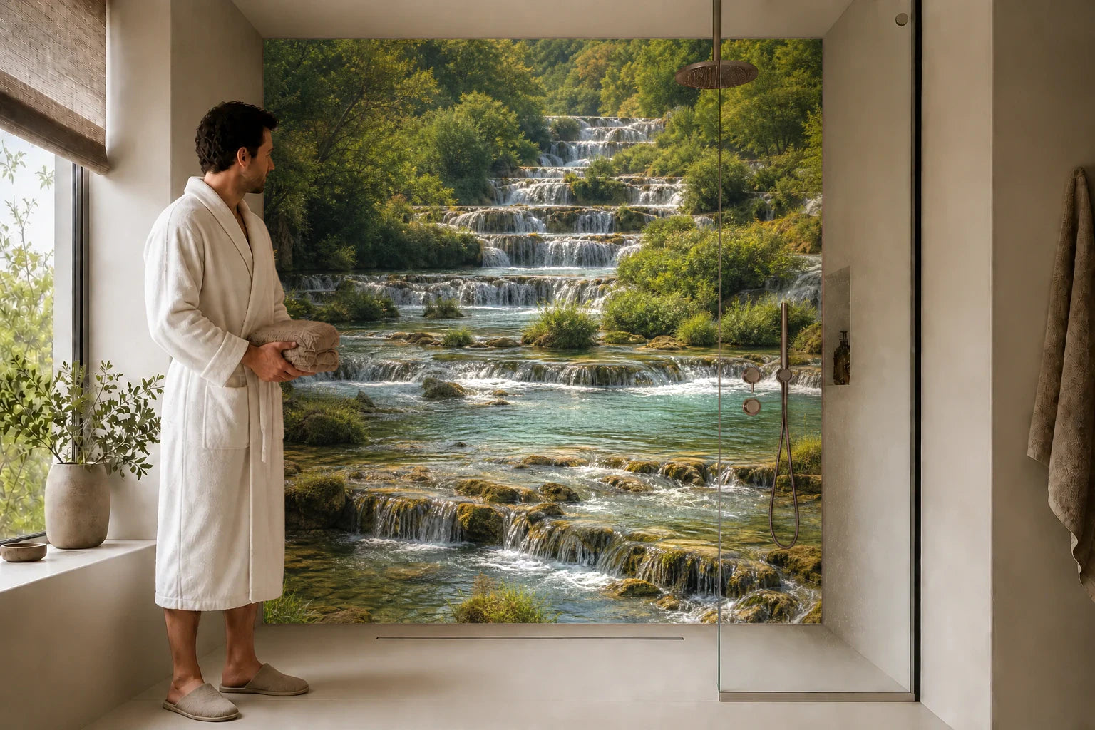 Duschrückwand „Sonnenkaskaden im Grün“ in einer Dusche mit einem Mann im Bademantel