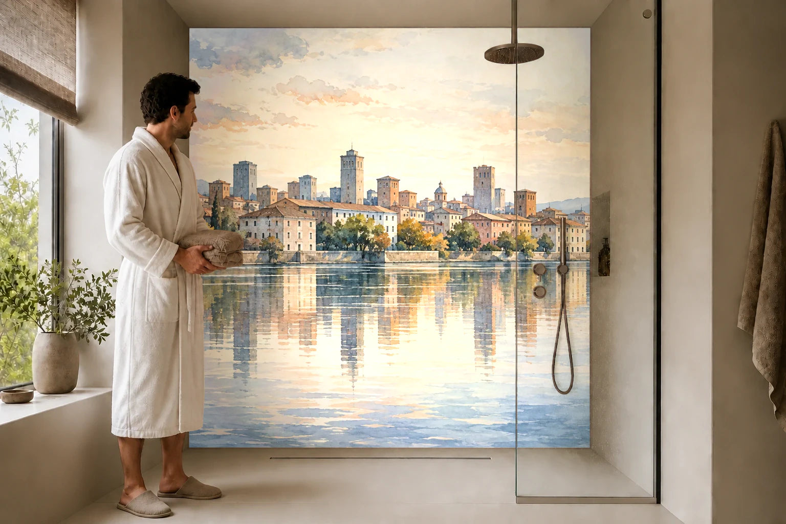 Duschrückwand „Stadt am Fluss in Aquarell“ in einer Dusche mit einem Mann im Bademantel
