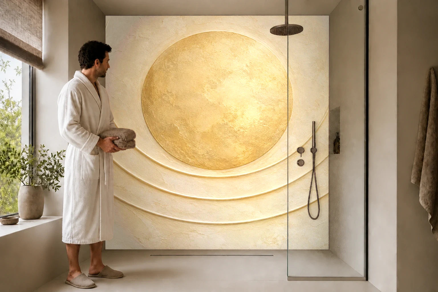 Duschrückwand „Sonnenscheibe im feinen Putzrelief“ in einer Dusche mit einem Mann im Bademantel