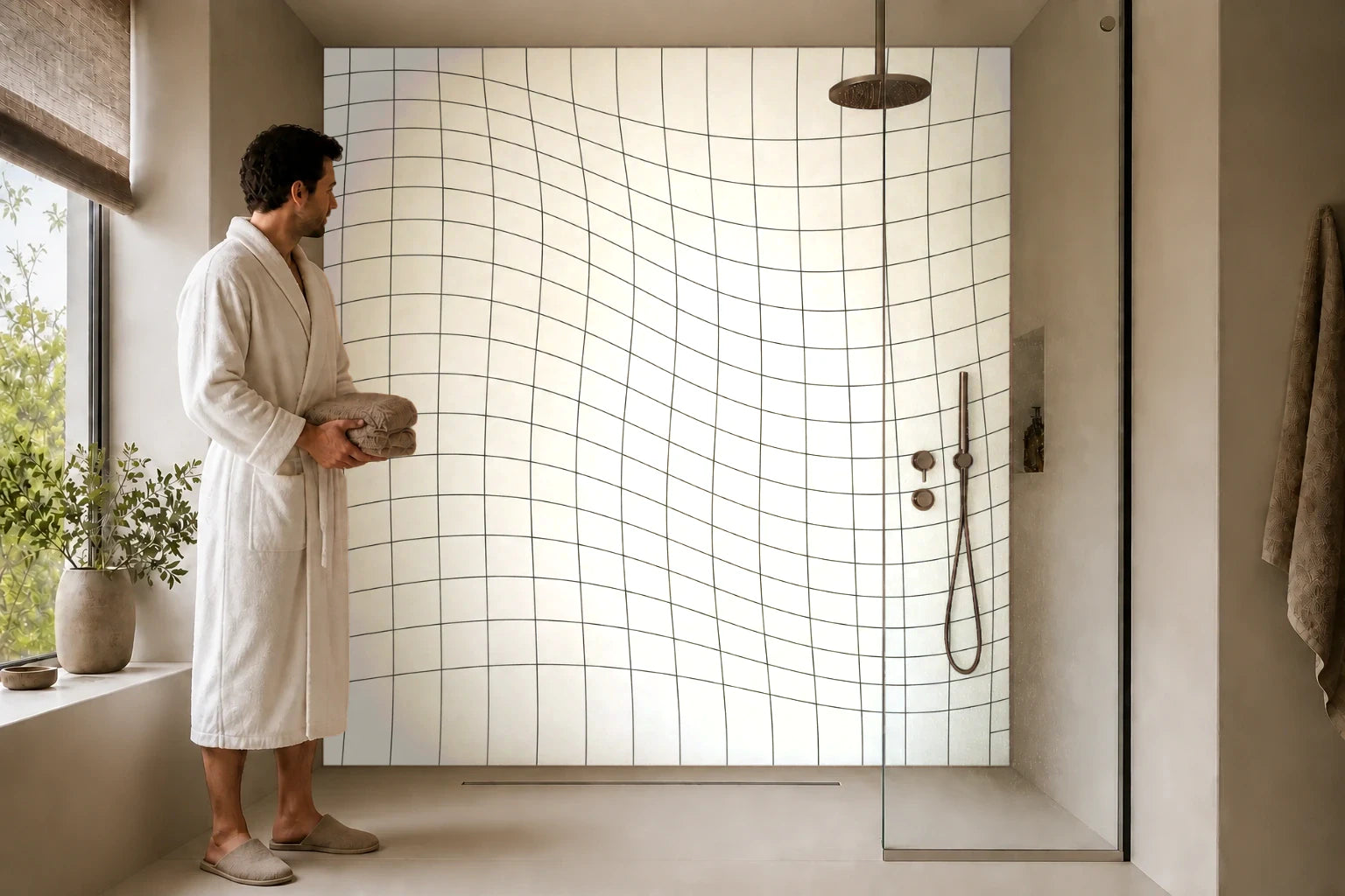 Duschrückwand „Gewölbte Linien auf Elfenbein“ in einer Dusche mit einem Mann im Bademantel