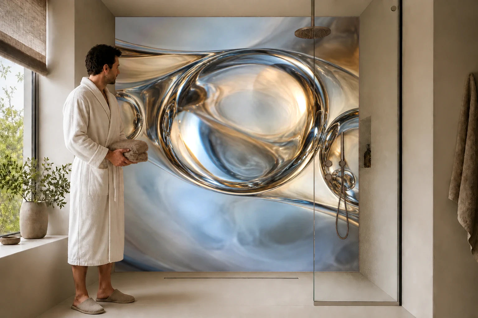 Duschrückwand „Glasblasen im rauchigen Licht“ in einer Dusche mit einem Mann im Bademantel