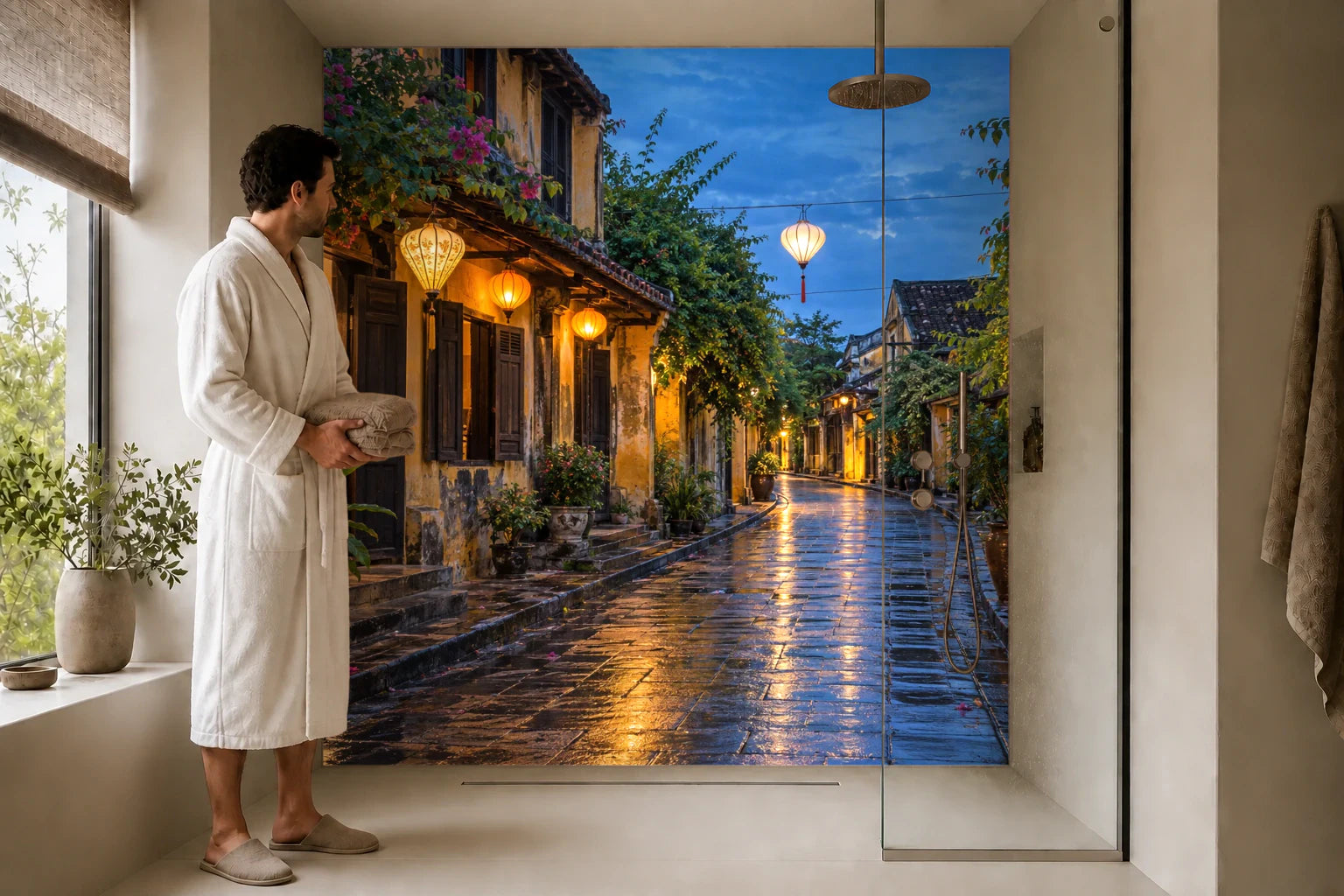 Duschrückwand „Hoi An in der blauen Stunde“ in einer Dusche mit einem Mann im Bademantel