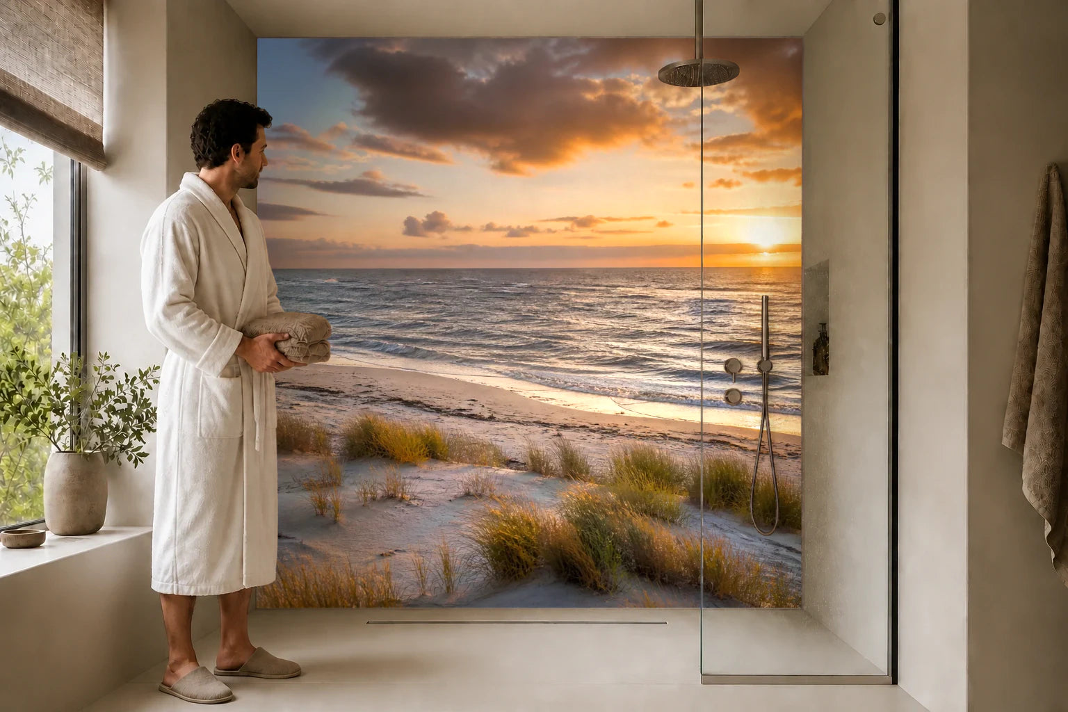 Duschrückwand „Abendglut über stillem Meer“ in einer Dusche mit einem Mann im Bademantel