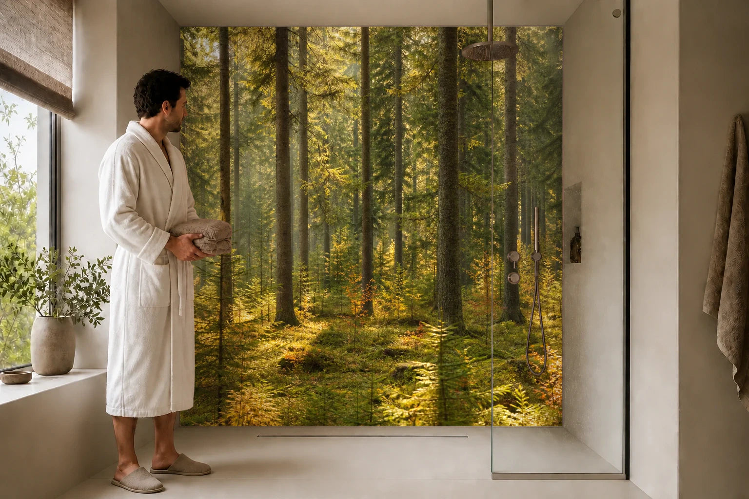 Duschrückwand „Fichtenhain im Herbstlicht“ in einer Dusche mit einem Mann im Bademantel