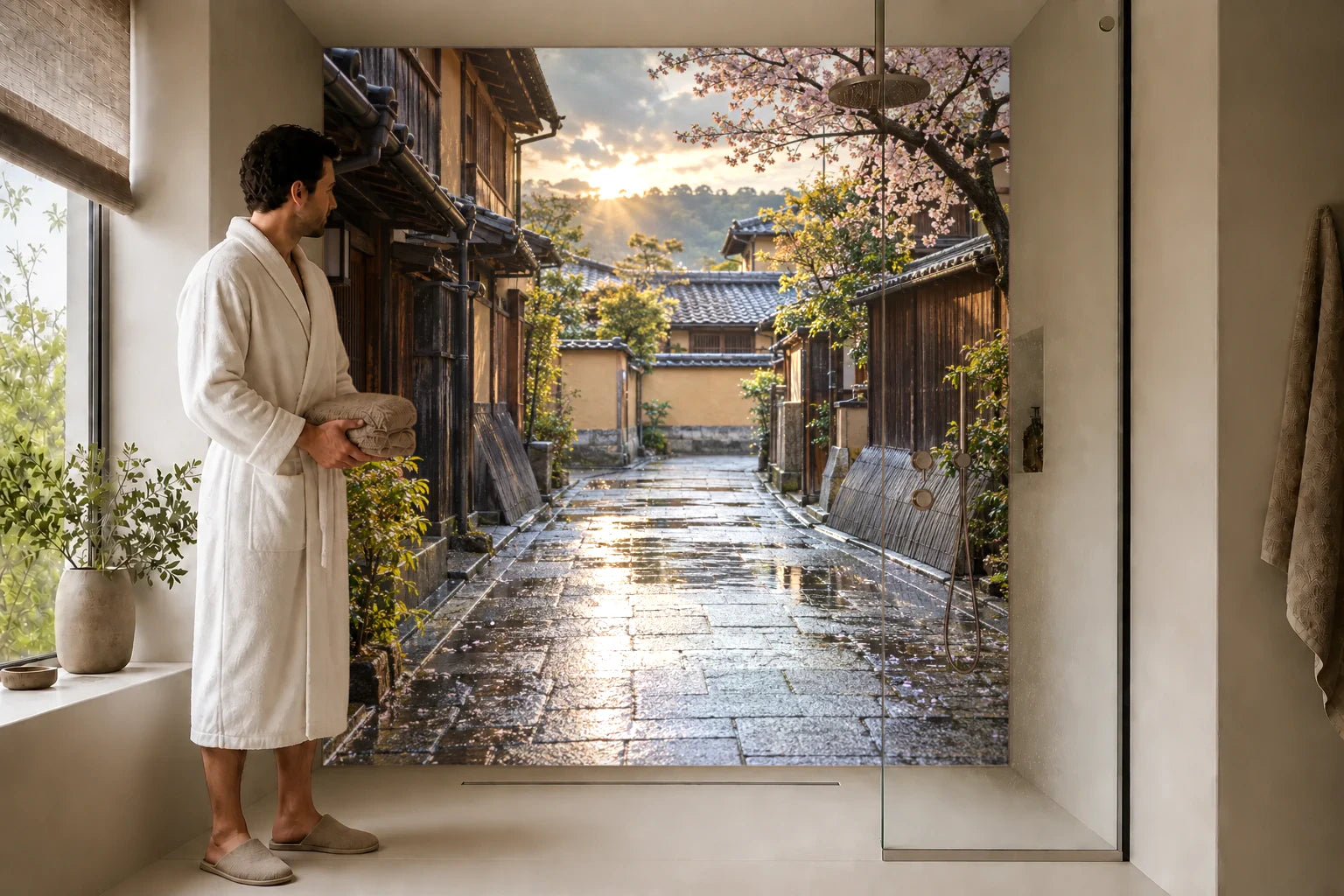 Duschrückwand „Kyoto nach dem Frühlingsregen“ in einer Dusche mit einem Mann im Bademantel