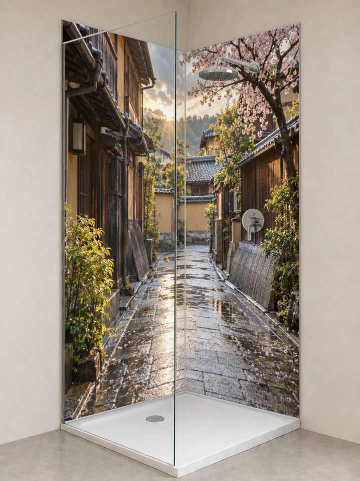 Duschrückwand „Kyoto nach dem Frühlingsregen“ als installierte Rückwand in einer hellen Dusche
