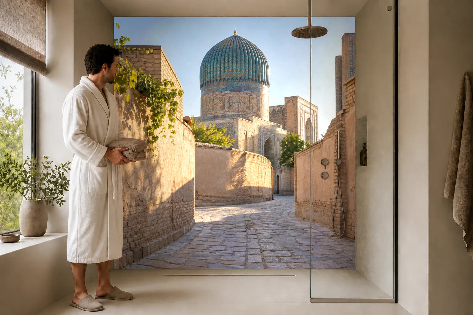 Duschrückwand „Samarkand im Morgenlicht“ in einer Dusche mit einem Mann im Bademantel